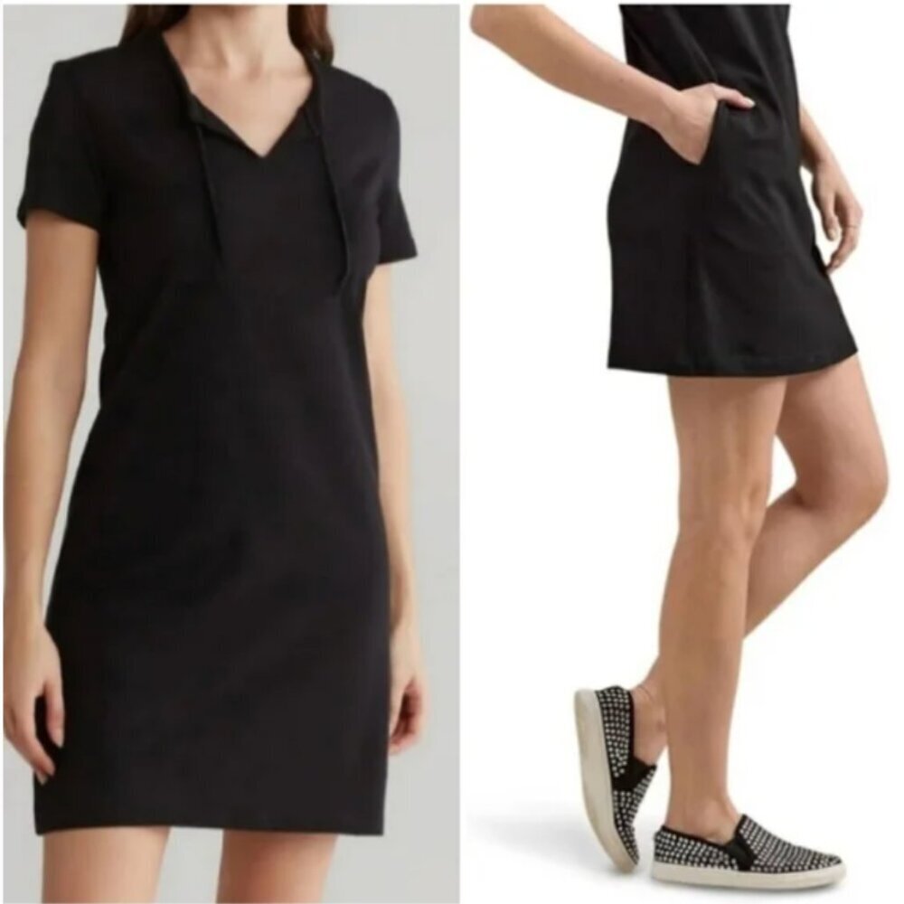 Calvin Klein Women's Sz Large Sweatshirt Dress Black Short Sleeve V-Neck Stretch